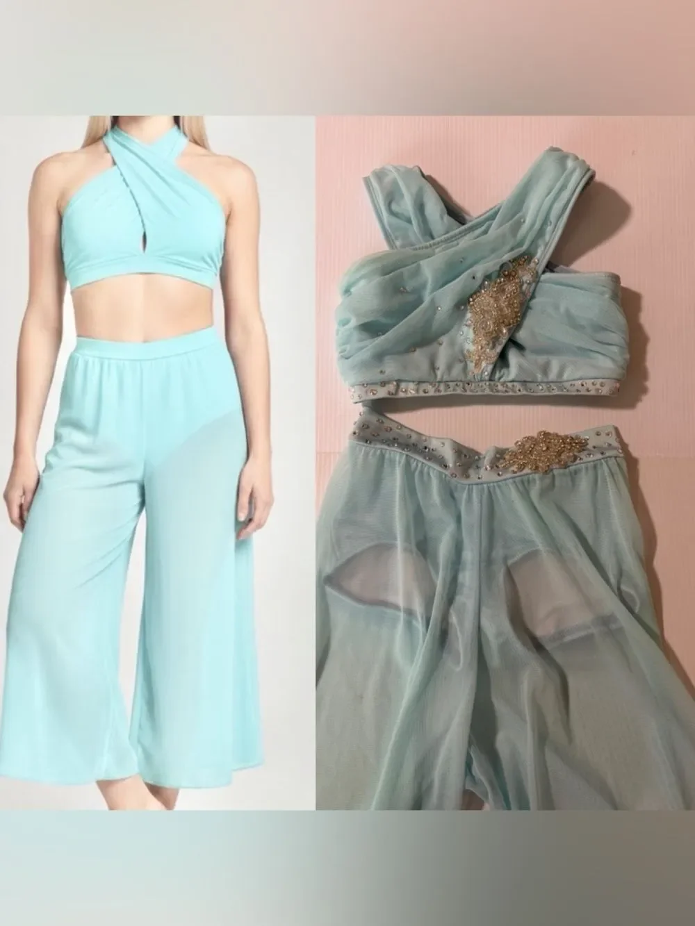 The Line up solo dance costume 2 piece blue wide leg illusion XXS adult